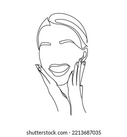 Continuous Line Art Portrait.Skin Care. Woman With Beauty Face Touching Healthy Facial Skin Art. Beautiful Smiling Girl Model With Natural Glowing Hydrated Skin. Isolated. Winter And Dry Skin Care