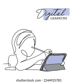 Continuous line art poster design of digital learning or e learning. Age of digitization. Isolated vector art. Minimal designs.