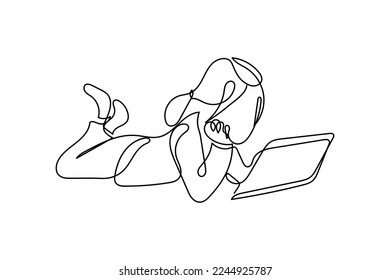 Continuous line art poster design of digital learning or e learning. Age of digitization. Isolated vector art. Minimal designs.