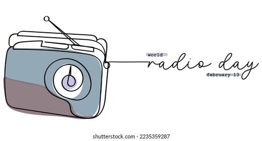 Continuous line art poster or postcard design to celebrate radio day that is observed every year on 13th of february. Most trusted multimedia concept art. Radio journalism. Trusted audience. Speaker.