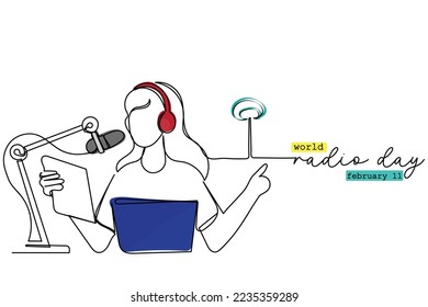 Afiche de arte de línea continua o diseño de postales para celebrar el día de la radio que se celebra cada año el 13 de febrero. El concepto multimedia más confiable del arte. Periodismo de radio. Público de confianza. Orador.