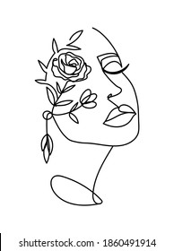 Continuous line art poster with women's portrait and flowers. Fashion vector illustration in line art style for logo, print, beauty, fashion,social networks,tattoo etc.One line woman freehand portrait