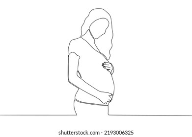 Continuous Line Art of Pregnant Woman holding belly. Single Line Drawing of Pregnant Woman. Happy Mother Minimalist Contour Illustration. Vector Isolated