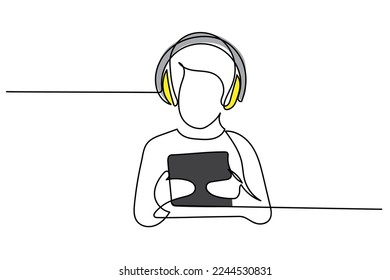 Continuous line art of a preteen boy using tablet. Digital learning concept art. Screen time limitations art. Excessive exposure to blue light. watching Games and cartoon.