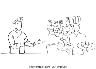 Continuous line art of process of cooking . Chef working in Kitchen. Creativity involved in cookery. Vector art.