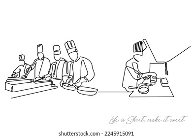 Continuous line art of process of cooking . Chef working in Kitchen. Creativity involved in cookery. Vector art.