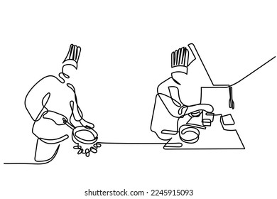 Continuous line art of process of cooking . Chef working in Kitchen. Creativity involved in cookery. Vector art.