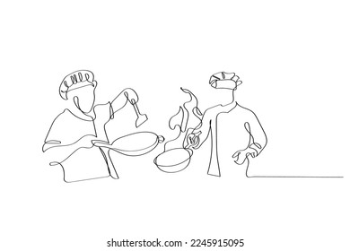 Continuous line art of process of cooking . Chef working in Kitchen. Creativity involved in cookery. Vector art.