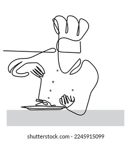 Continuous line art of process of cooking . Chef working in Kitchen. Creativity involved in cookery. Vector art.