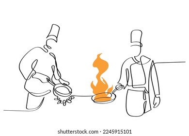 Continuous line art of process of cooking . Chef working in Kitchen. Creativity involved in cookery. Vector art.