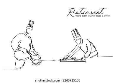 Continuous line art of process of cooking . Chef working in Kitchen. Creativity involved in cookery. Vector art.