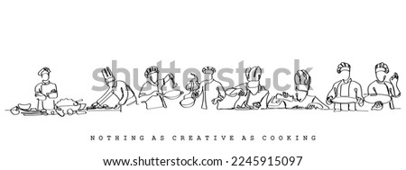 Continuous line art of process of cooking . Chef working in Kitchen. Creativity involved in cookery. Vector art.