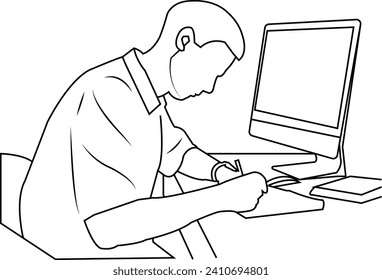 continuous line art of professional young business man using digital mobile phone tablet computer working and writing work plan in personal notebook isolated on white background