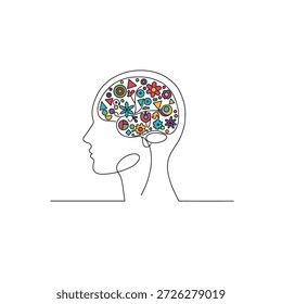 Perfil de arte de linha contínua da cabeça humana com formas geométricas coloridas e flores no cérebro para o conceito de criatividade ilustração vetorial