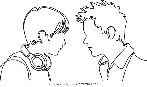 Perfil artístico de linha contínua de dois jovens frente a frente. Uma pessoa usando fones de ouvido. Ilustração minimalista moderna no fundo transparente. Amizade, conceito de conversa.