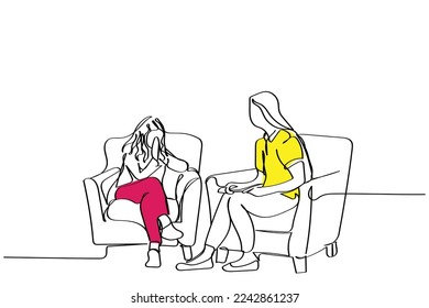 Continuous line art of psychologist or Counselor with teenage or adolescent preteen kids. Positive psychology. Mindset. Teenage problems and their solutions. School counselor facility. Mental health. 