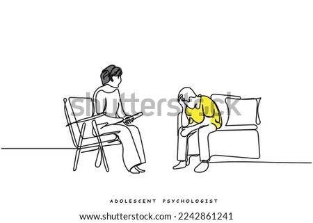 Continuous line art of psychologist or Counselor with teenage or adolescent preteen kids. Positive psychology. Mindset. Teenage problems and their solutions. School counselor facility. Mental health. 