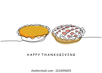 Continuous line art of Pumpkin pie. Thanksgiving postcard. Autumnal mood. Fall cuisine elements. Orange and yellow color of fall. Cinnamon and pumpkin line art vector. Traditional dish of thanksgiving