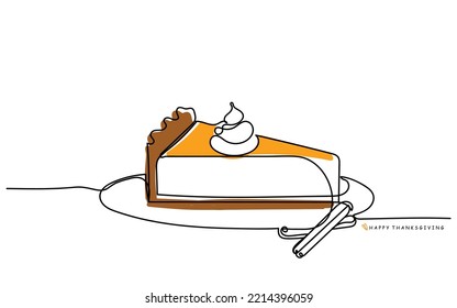 Continuous line art of Pumpkin pie. Thanksgiving postcard. Autumnal mood. Fall cuisine elements. Orange and yellow color of fall. Cinnamon and pumpkin line art vector. Traditional dish of thanksgiving