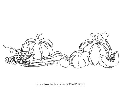 Continuous line art of pumpkins. Autumn harvest. Fresh fall fruits. Acorn, wheat, berries and mini pumpkins. Vegetables and fruits. Gourd line art. Thanksgiving. Fall harvest. Pumpkin festival vector