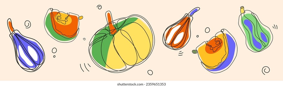 Continuous line art pumpkins. Autumn pumpkin line art set.