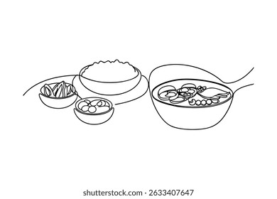 Continuous Line Art Of Ramen Bowl With Rice And Assorted Side Dishes