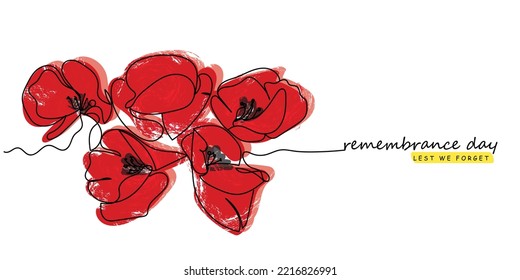 Continuous line art of red poppy flowers . Poster or postcard design of remembrance day in november. Vintage botanical drawing. Hand drawn florals. Lest we forget keep remembering vector.