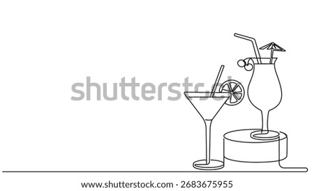 Continuous Line Art of Refreshing Tropical Drinks on Display. Minimalist Beverage Illustration