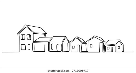 Uma representação em forma de linha contínua de uma fileira de casas em uma comunidade Vetor, ilustração
