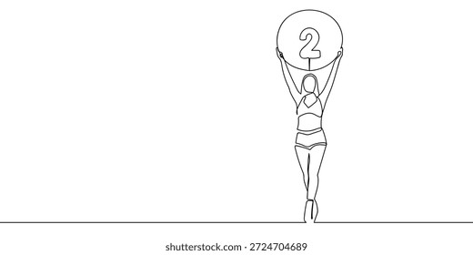 Una línea continua de arte de una chica del anillo que sostiene un cartel con el número dos. arte de línea sobre fondo transparente