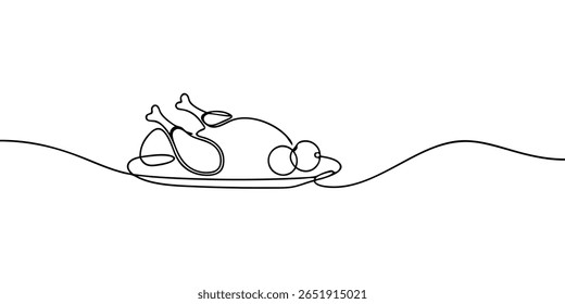 Arte de linha contínua um frango assado em uma travessa com farinha de comida de design simples