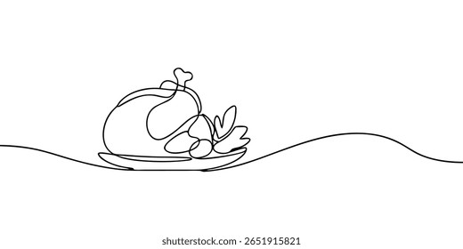 Arte de linha contínua um frango assado em um prato com jantar de comida