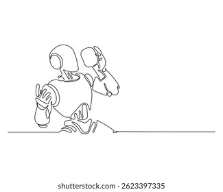 Continuous line art of a robot holding a speech bubble, symbolizing futuristic communication, technology, innovation, digital conversations, and AI interaction.