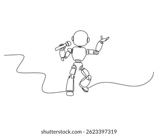 Arte em linha contínua de um robô cantor segurando um microfone e realizando um estilo energético, minimalista, perfeito para tecnologia, música e temas de entretenimento.
