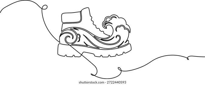 Arte de linha contínua de uma bota de caminhada resistente com design de padrões de ondas oceânicas