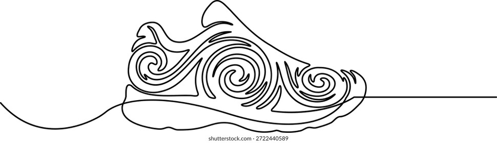Arte de linha contínua de um sapato de corrida com padrões abstratos de vórtice espiral