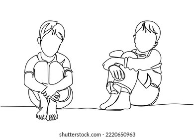 Continuous Line Art Of A Sad And Depressed Child. Children Mental Health Awareness. Fight Against Violence And Abuse. Depression And Frustration In Young People. Psychology Concept. Peer Pressure.  