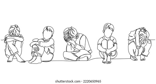 Continuous Line Art Of A Sad And Depressed Child. Children Mental Health Awareness. Fight Against Violence And Abuse. Depression And Frustration In Young People. Psychology Concept. Peer Pressure.  