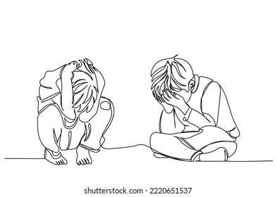 Continuous Line Art Of A Sad And Depressed Child. Children Mental Health Awareness. Fight Against Violence And Abuse. Depression And Frustration In Young People. Psychology Concept. Peer Pressure.  