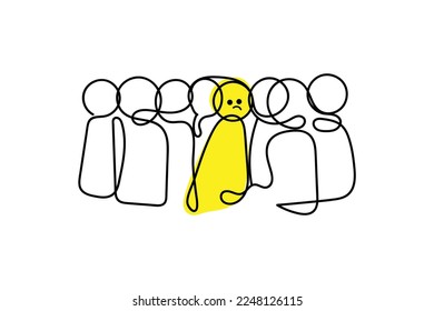 Continuous line art of a sad and depressed yellow figure. 