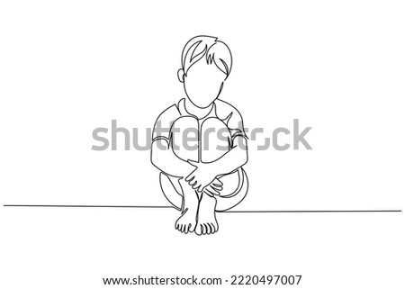Continuous line art of a sad and depressed child. Concept art of violence against kids. Poor frustrated and depressed boy. Cyber bullying. Crying and grumpy kid. Peer pressure. Broken families. Foster