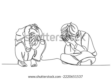 Continuous line art of a sad and depressed child. Children mental health awareness. Fight against violence and abuse. Depression and frustration in young people. Psychology concept. Peer pressure.  