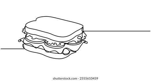 Continuous line art Sandwich bread with beef, vegentable and melted cheese for vector illustration. Concept fast food, street food, restaurant, business, One continuous line drawing of fresh delicious