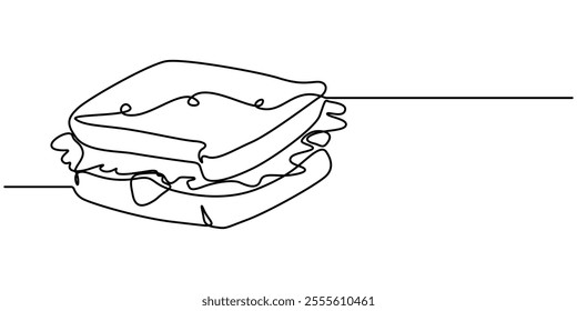 Continuous line art Sandwich bread with beef, vegentable and melted cheese for vector illustration. Concept fast food, street food, restaurant, business, One continuous line drawing of fresh delicious