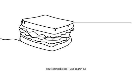 Continuous line art Sandwich bread with beef, vegentable and melted cheese for vector illustration. Concept fast food, street food, restaurant, business, One continuous line drawing of fresh delicious