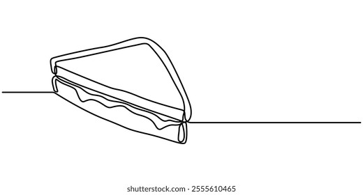 Continuous line art Sandwich bread with beef, vegentable and melted cheese for vector illustration. Concept fast food, street food, restaurant, business, One continuous line drawing of fresh delicious