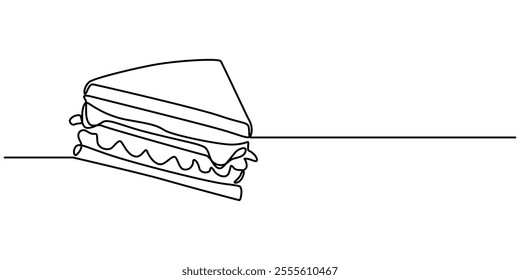 Continuous line art Sandwich bread with beef, vegentable and melted cheese for vector illustration. Concept fast food, street food, restaurant, business, One continuous line drawing of fresh delicious