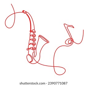 Continuous line art of Saxophone. Musical instruments continuous one line illustration. Wind music instruments concept.  One line drawing abstract saxophone.