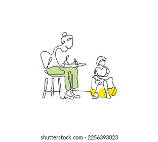 continuous line art of a school counselor with her student suffering from Asperger's syndrome.