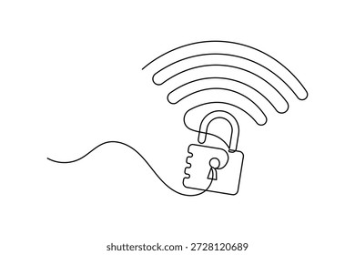 Línea continua de un símbolo de wi-fi seguro con un candado para la seguridad cibernética